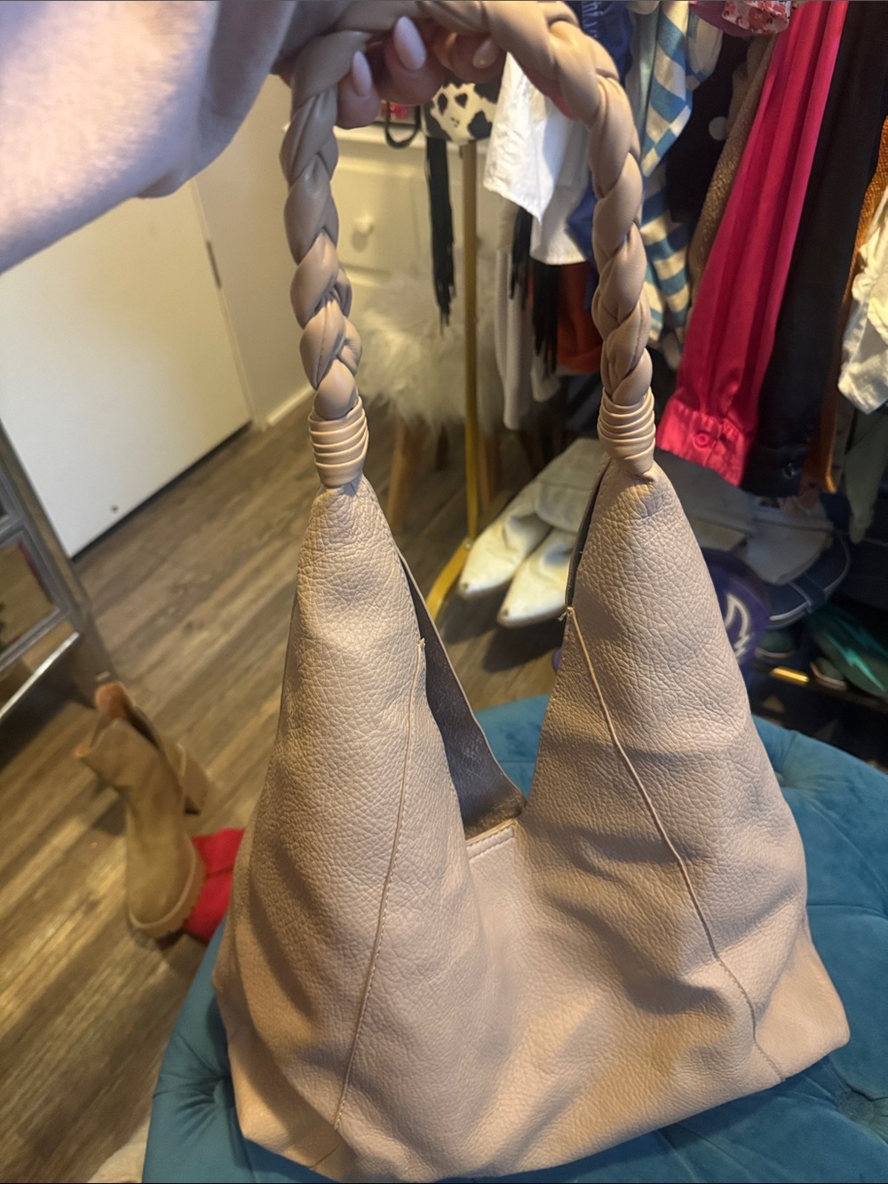 Neutral Taupe Braided-Handle Shoulder Bag